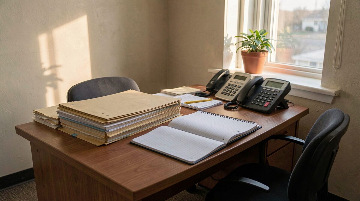 The desk of a family service office before the day begins: case folders, telephones and a plant under warm morning light.