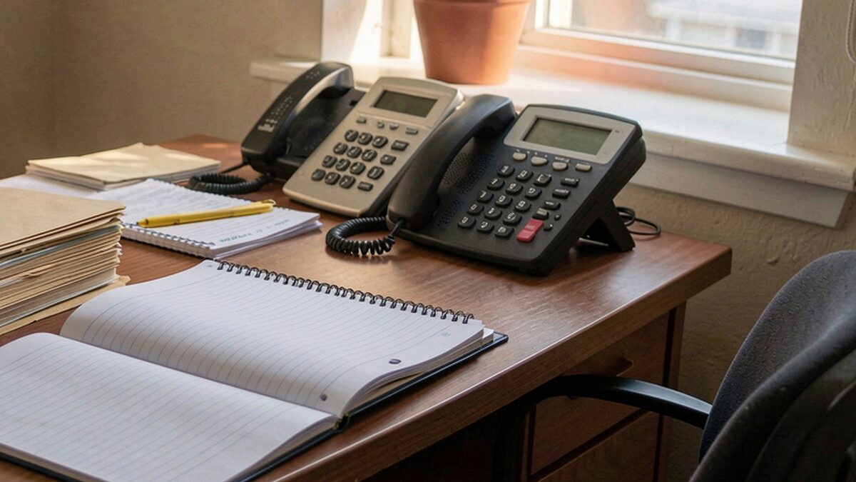 Two desk telephones beside an open spiral notebook and a stack of manila case folders on a wooden office desk, warm window light on the receivers.