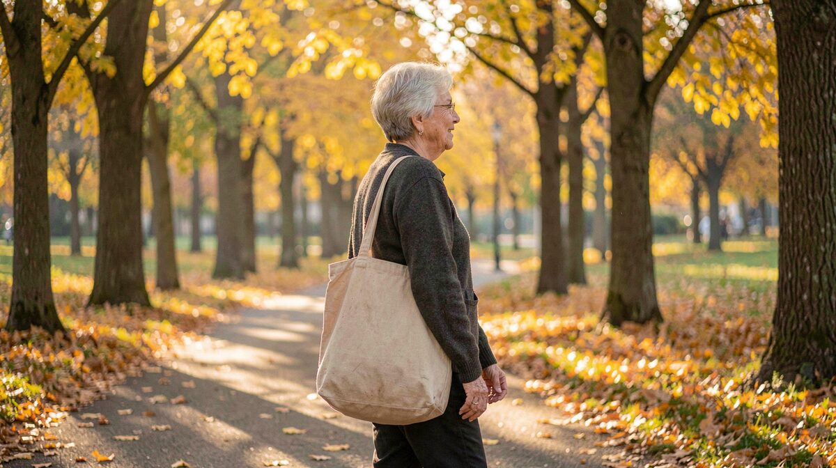 A woman with short gray hair walking alone on a tree-lined park path in autumn, a canvas tote bag on her shoulder, yellow leaves lit by low afternoon sun.