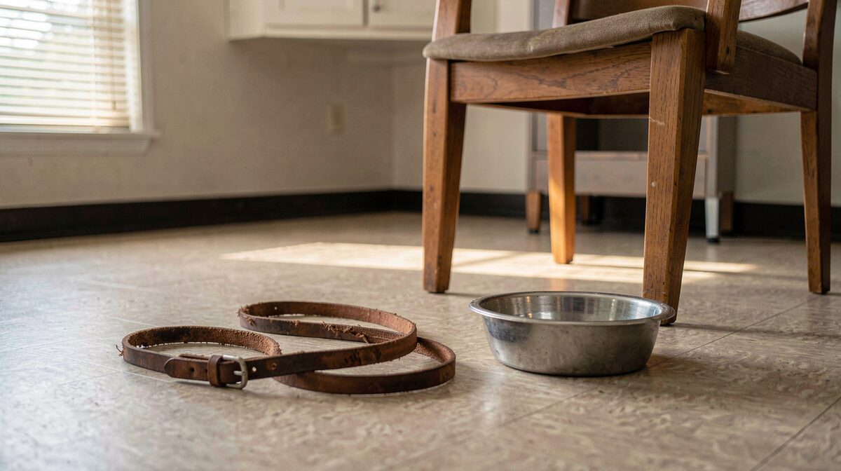 A worn leather leash and a metal water bowl on a linoleum floor beside a wooden chair in a small counseling office, late afternoon light through half-closed blinds.